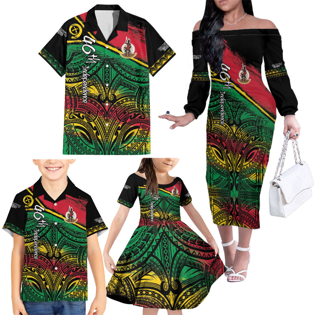 Vanuatu 46th Year Anniversary Family Matching Off The Shoulder Long Sleeve Dress and Hawaiian Shirt Vintage Grunge Vanuatu Flag Heritage LT9 - Polynesian Pride