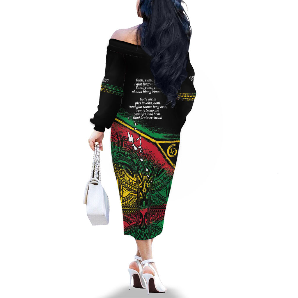 Vanuatu 46th Year Anniversary Family Matching Off The Shoulder Long Sleeve Dress and Hawaiian Shirt Vintage Grunge Vanuatu Flag Heritage