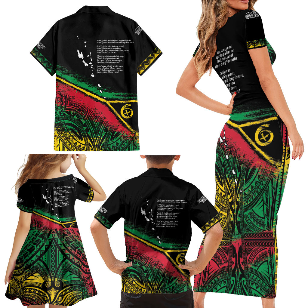 Vanuatu 46th Year Anniversary Family Matching Short Sleeve Bodycon Dress and Hawaiian Shirt Vintage Grunge Vanuatu Flag Heritage