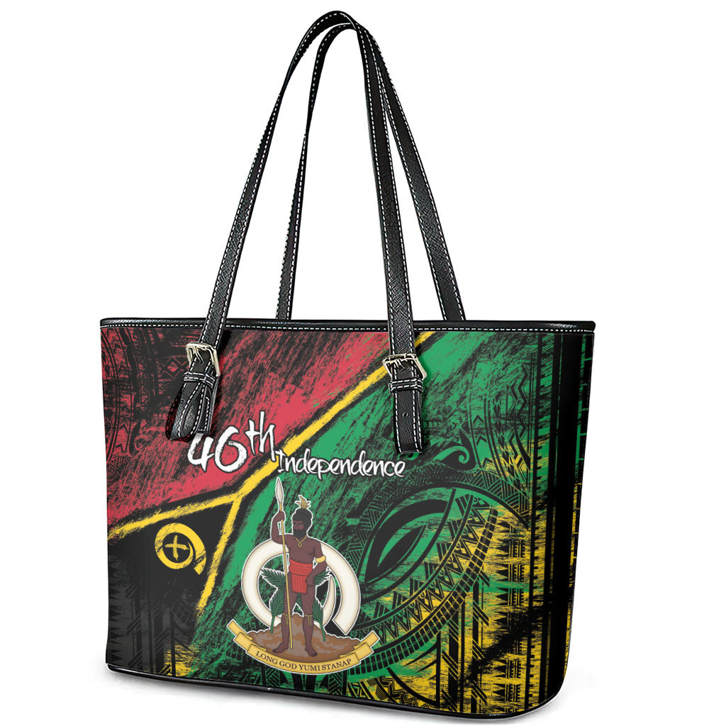 Vanuatu 46th Year Anniversary Leather Tote Bag Vintage Grunge Vanuatu Flag Heritage LT9 - Polynesian Pride
