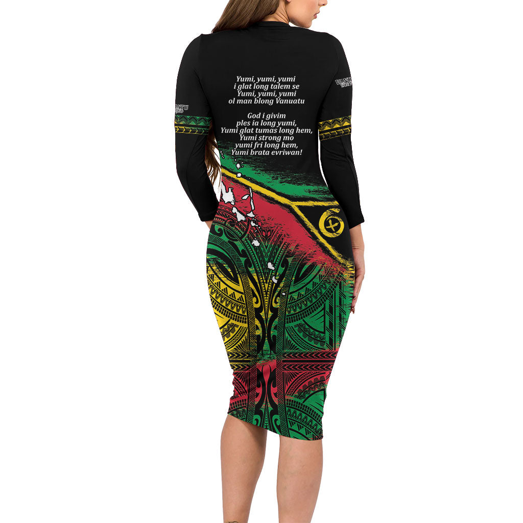 Vanuatu 46th Year Anniversary Long Sleeve Bodycon Dress Vintage Grunge Vanuatu Flag Heritage LT9 - Polynesian Pride