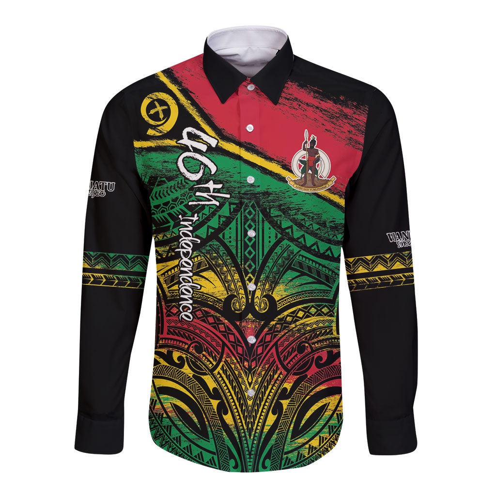 Vanuatu 46th Year Anniversary Long Sleeve Button Shirt Vintage Grunge Vanuatu Flag Heritage