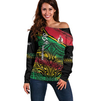 Vanuatu 46th Year Anniversary Off Shoulder Sweater Vintage Grunge Vanuatu Flag Heritage LT9 Women Black - Polynesian Pride