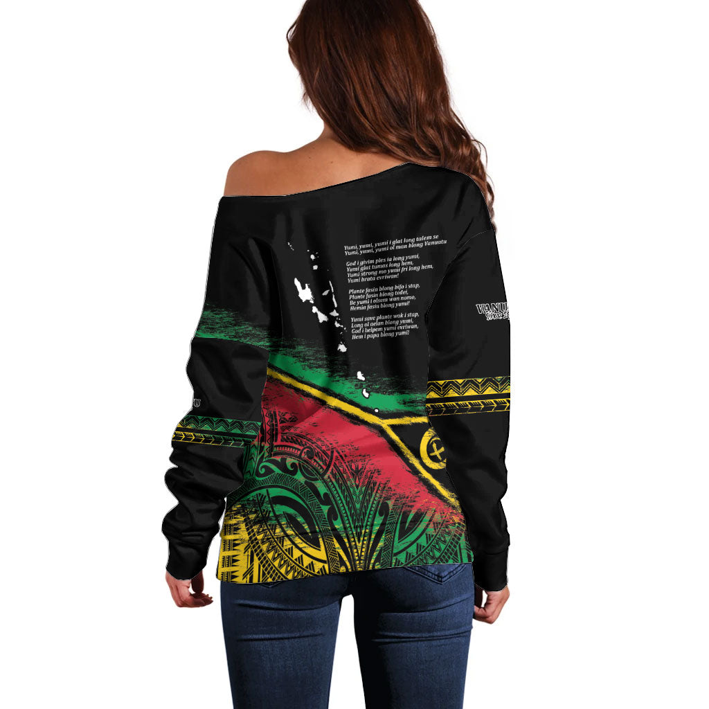 Vanuatu 46th Year Anniversary Off Shoulder Sweater Vintage Grunge Vanuatu Flag Heritage LT9 - Polynesian Pride