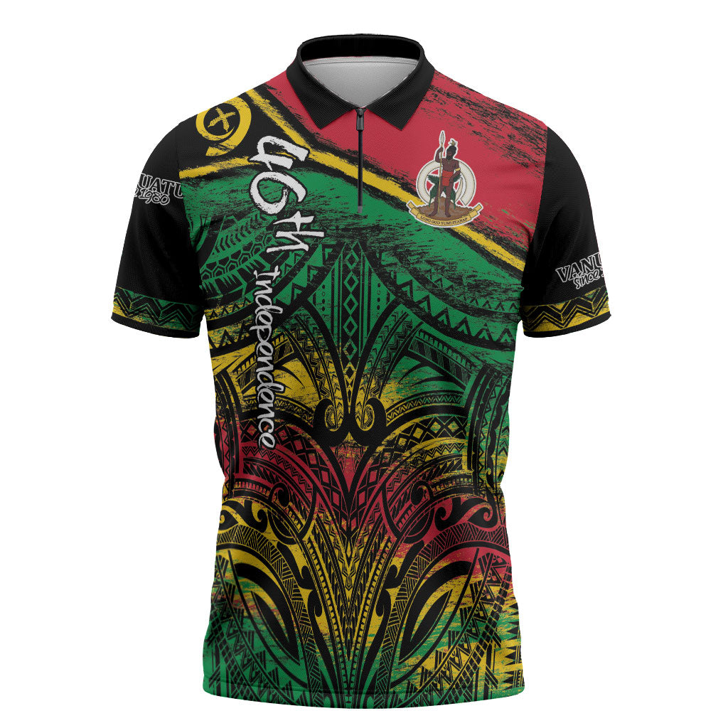 Vanuatu 46th Year Anniversary Zipper Polo Shirt Vintage Grunge Vanuatu Flag Heritage LT9 Black - Polynesian Pride