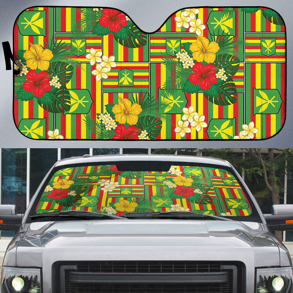 Hawaii Kanaka Maoli Hibiscus Auto Sun Shade Hawaiian Flag Motif LT9 Green - Polynesian Pride