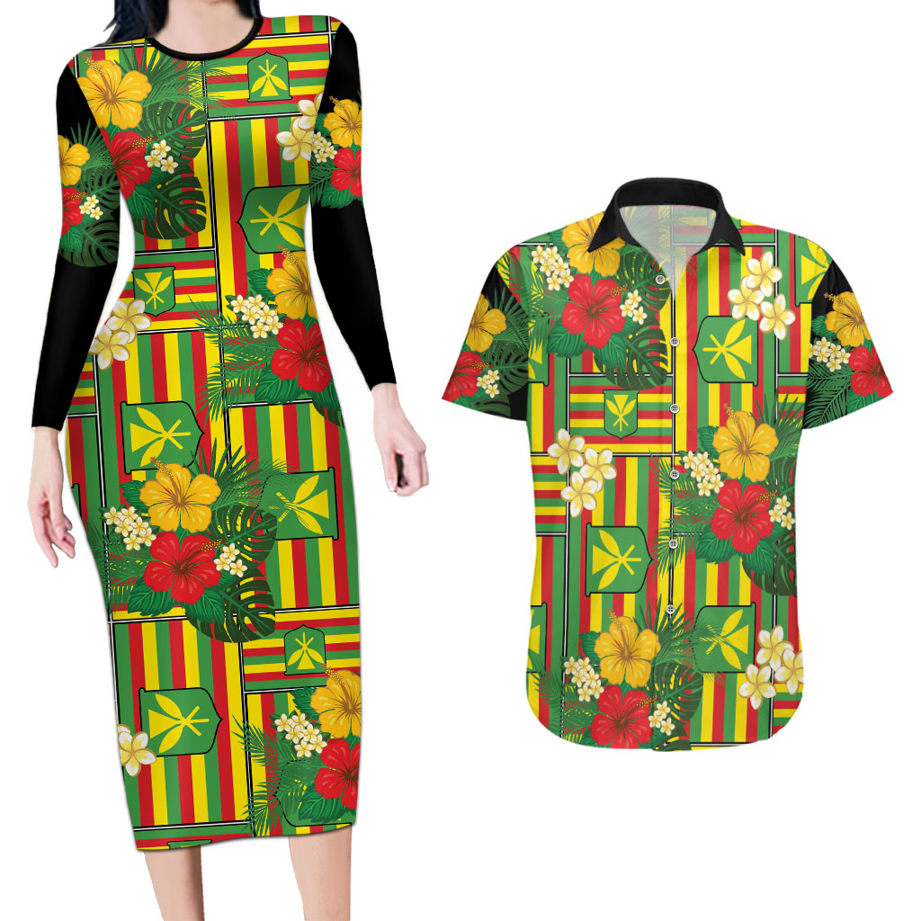 Hawaii Kanaka Maoli Hibiscus Couples Matching Long Sleeve Bodycon Dress and Hawaiian Shirt Hawaiian Flag Motif