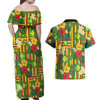 Hawaii Kanaka Maoli Hibiscus Couples Matching Off Shoulder Maxi Dress and Hawaiian Shirt Hawaiian Flag Motif