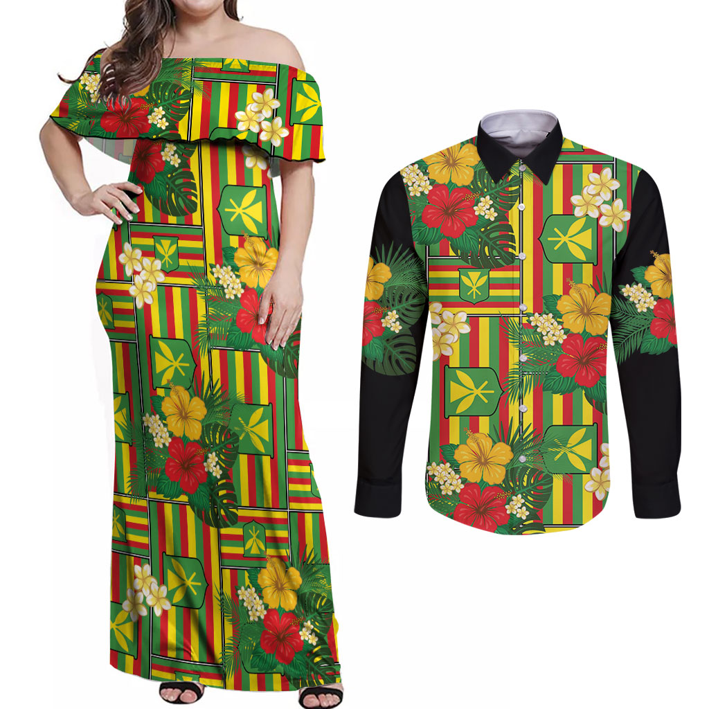 Hawaii Kanaka Maoli Hibiscus Couples Matching Off Shoulder Maxi Dress and Long Sleeve Button Shirt Hawaiian Flag Motif