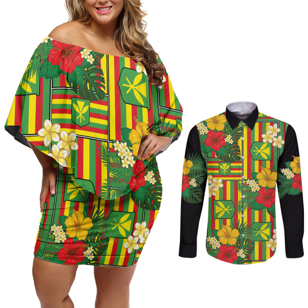 Hawaii Kanaka Maoli Hibiscus Couples Matching Off Shoulder Short Dress and Long Sleeve Button Shirt Hawaiian Flag Motif