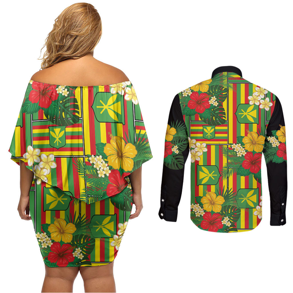 Hawaii Kanaka Maoli Hibiscus Couples Matching Off Shoulder Short Dress and Long Sleeve Button Shirt Hawaiian Flag Motif