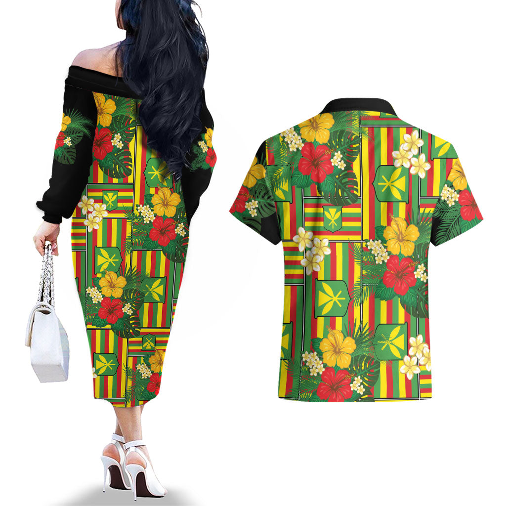 Hawaii Kanaka Maoli Hibiscus Couples Matching Off The Shoulder Long Sleeve Dress and Hawaiian Shirt Hawaiian Flag Motif