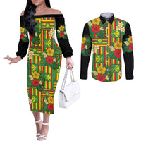 Hawaii Kanaka Maoli Hibiscus Couples Matching Off The Shoulder Long Sleeve Dress and Long Sleeve Button Shirt Hawaiian Flag Motif