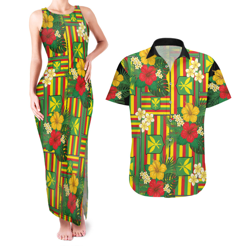 Hawaii Kanaka Maoli Hibiscus Couples Matching Tank Maxi Dress and Hawaiian Shirt Hawaiian Flag Motif LT9 Green - Polynesian Pride
