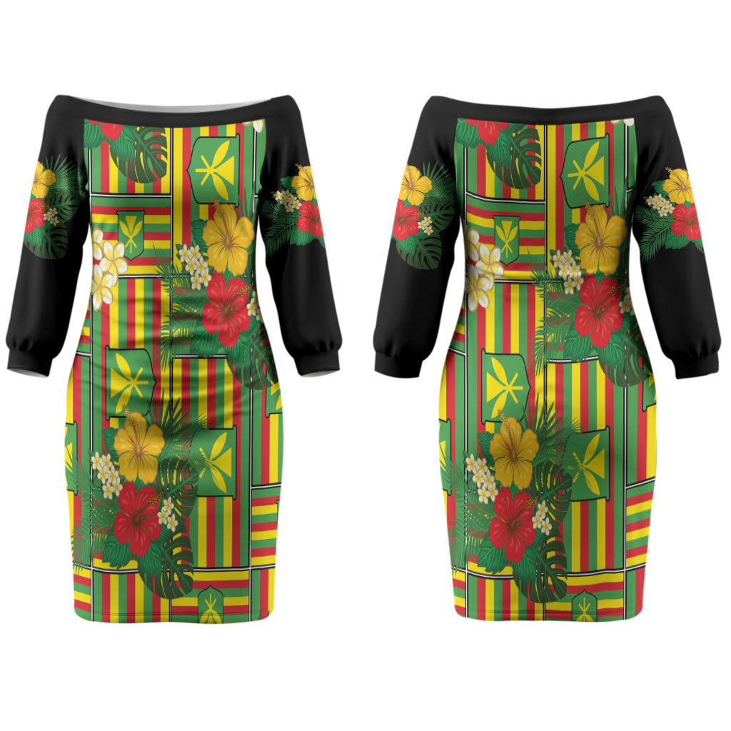 Hawaii Kanaka Maoli Hibiscus Family Matching Off The Shoulder Long Sleeve Dress and Hawaiian Shirt Hawaiian Flag Motif LT9 Mom's Dress Green - Polynesian Pride