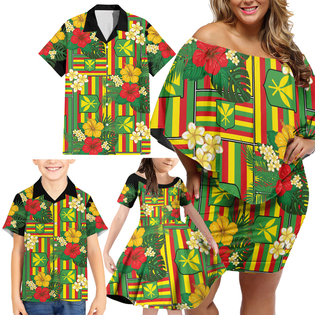 Hawaii Kanaka Maoli Hibiscus Family Matching Off Shoulder Short Dress and Hawaiian Shirt Hawaiian Flag Motif