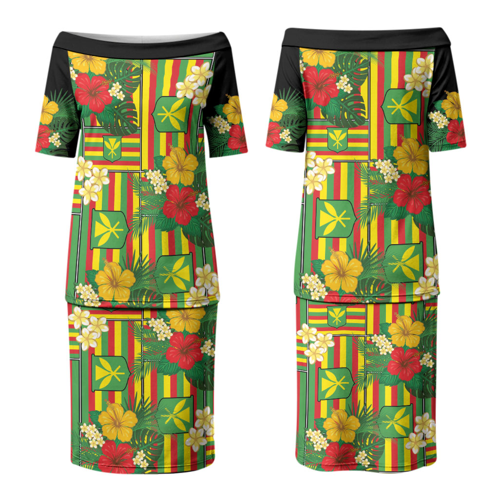 Hawaii Kanaka Maoli Hibiscus Family Matching Puletasi and Hawaiian Shirt Hawaiian Flag Motif LT9 Mom's Dress Green - Polynesian Pride