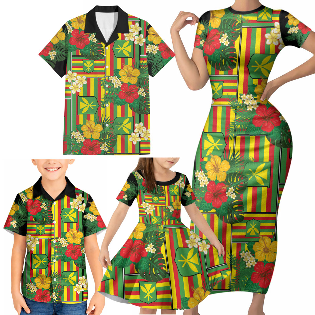 Hawaii Kanaka Maoli Hibiscus Family Matching Short Sleeve Bodycon Dress and Hawaiian Shirt Hawaiian Flag Motif LT9 - Polynesian Pride