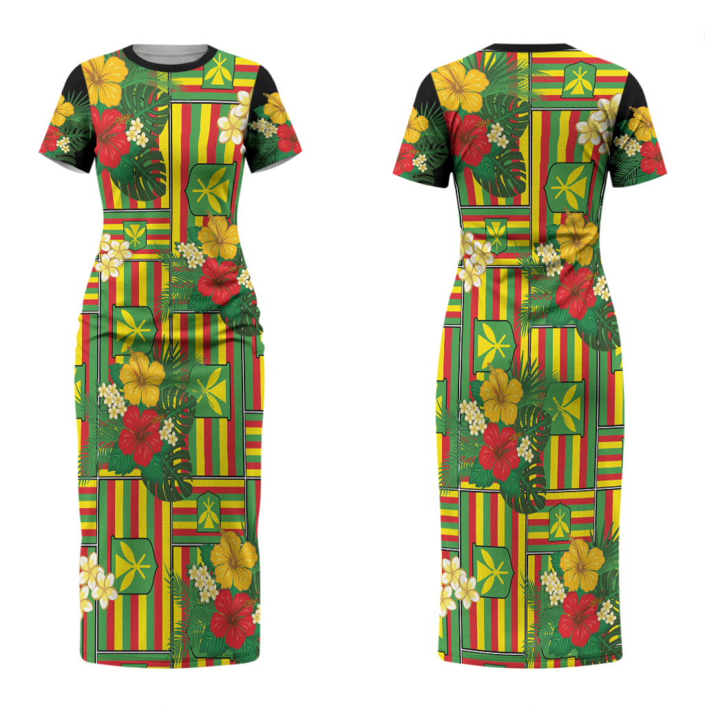 Hawaii Kanaka Maoli Hibiscus Family Matching Short Sleeve Bodycon Dress and Hawaiian Shirt Hawaiian Flag Motif LT9 Mom's Dress Green - Polynesian Pride