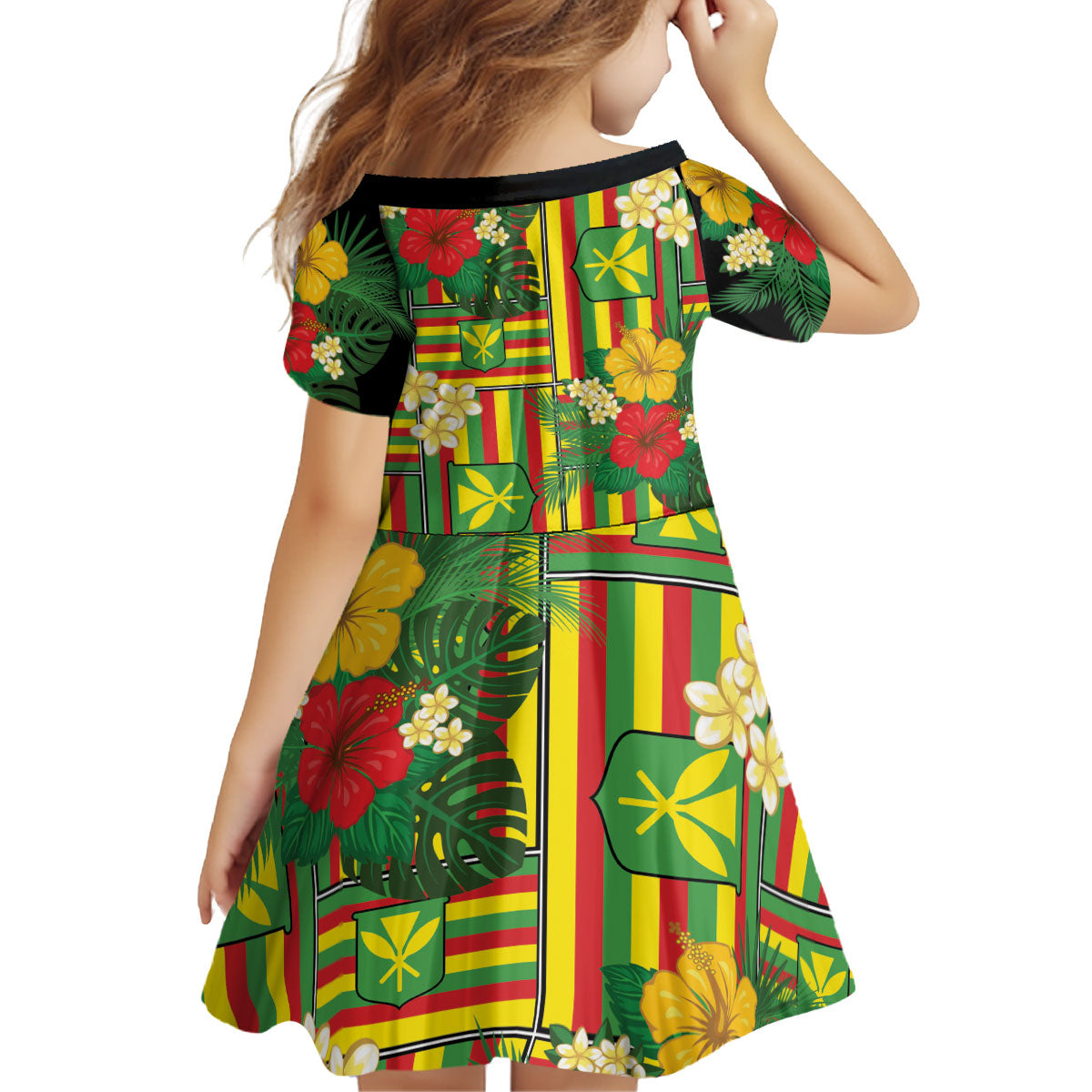 Hawaii Kanaka Maoli Hibiscus Kid Short Sleeve Dress Hawaiian Flag Motif