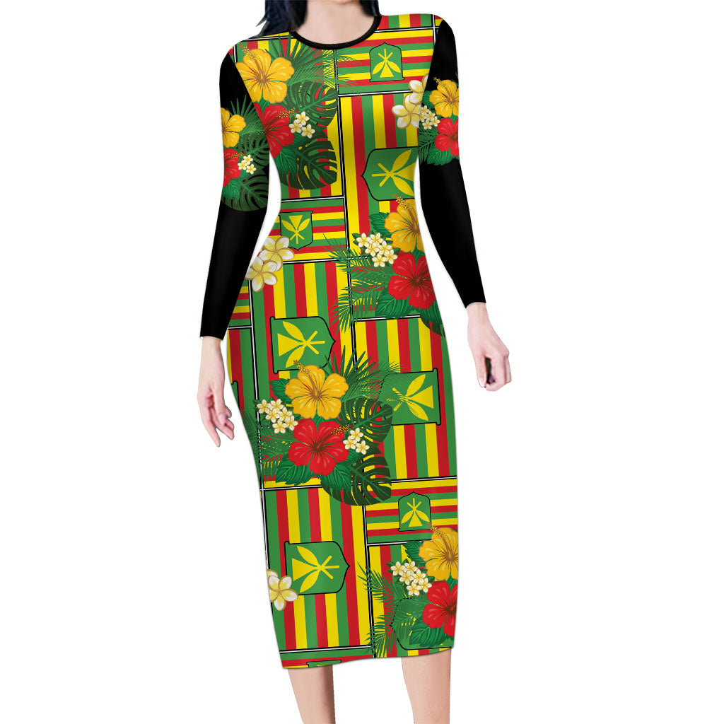 Hawaii Kanaka Maoli Hibiscus Long Sleeve Bodycon Dress Hawaiian Flag Motif