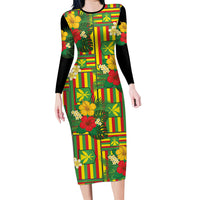 Hawaii Kanaka Maoli Hibiscus Long Sleeve Bodycon Dress Hawaiian Flag Motif