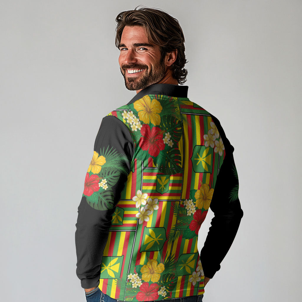 Hawaii Kanaka Maoli Hibiscus Long Sleeve Polo Shirt Hawaiian Flag Motif