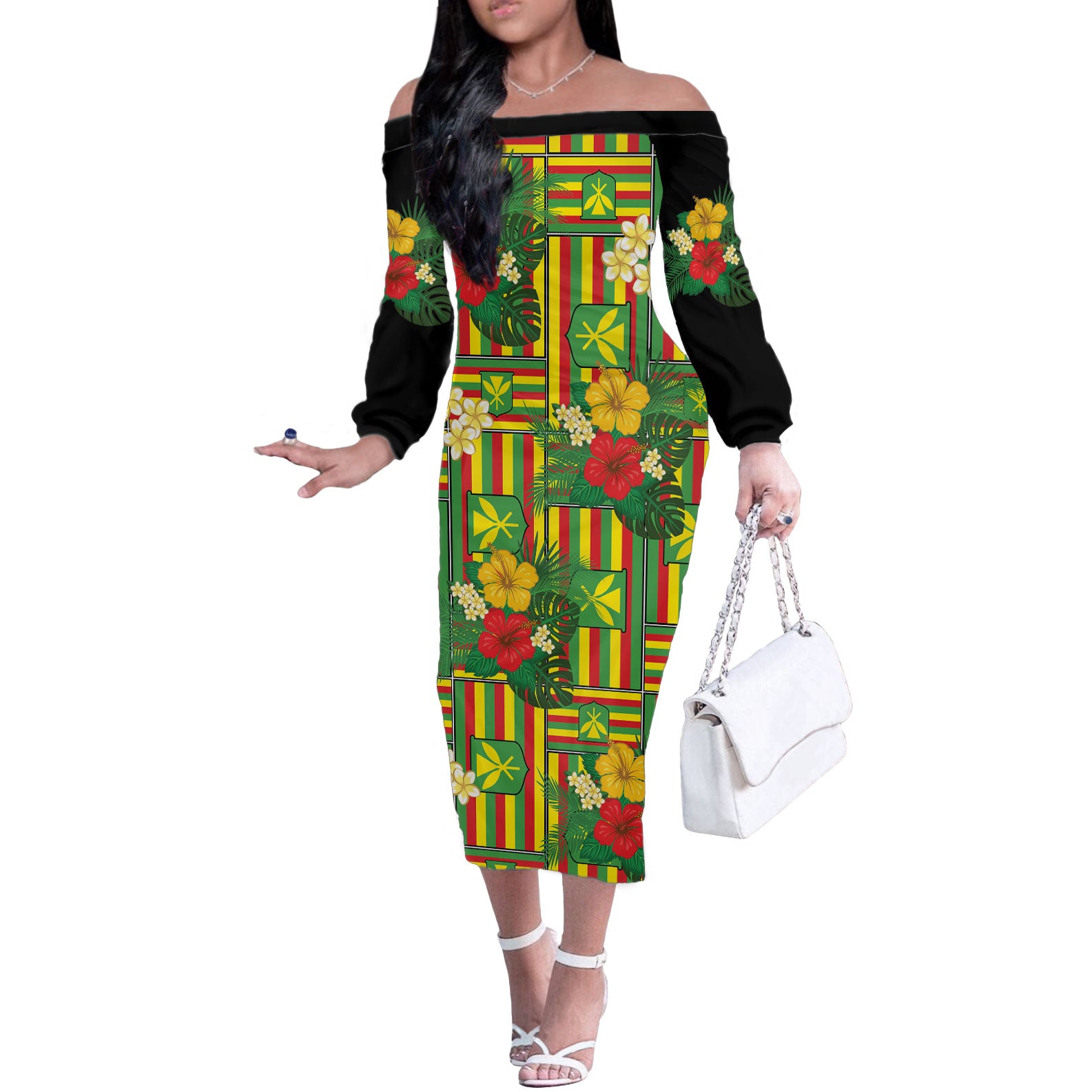 Hawaii Kanaka Maoli Hibiscus Off The Shoulder Long Sleeve Dress Hawaiian Flag Motif LT9 Women Green - Polynesian Pride