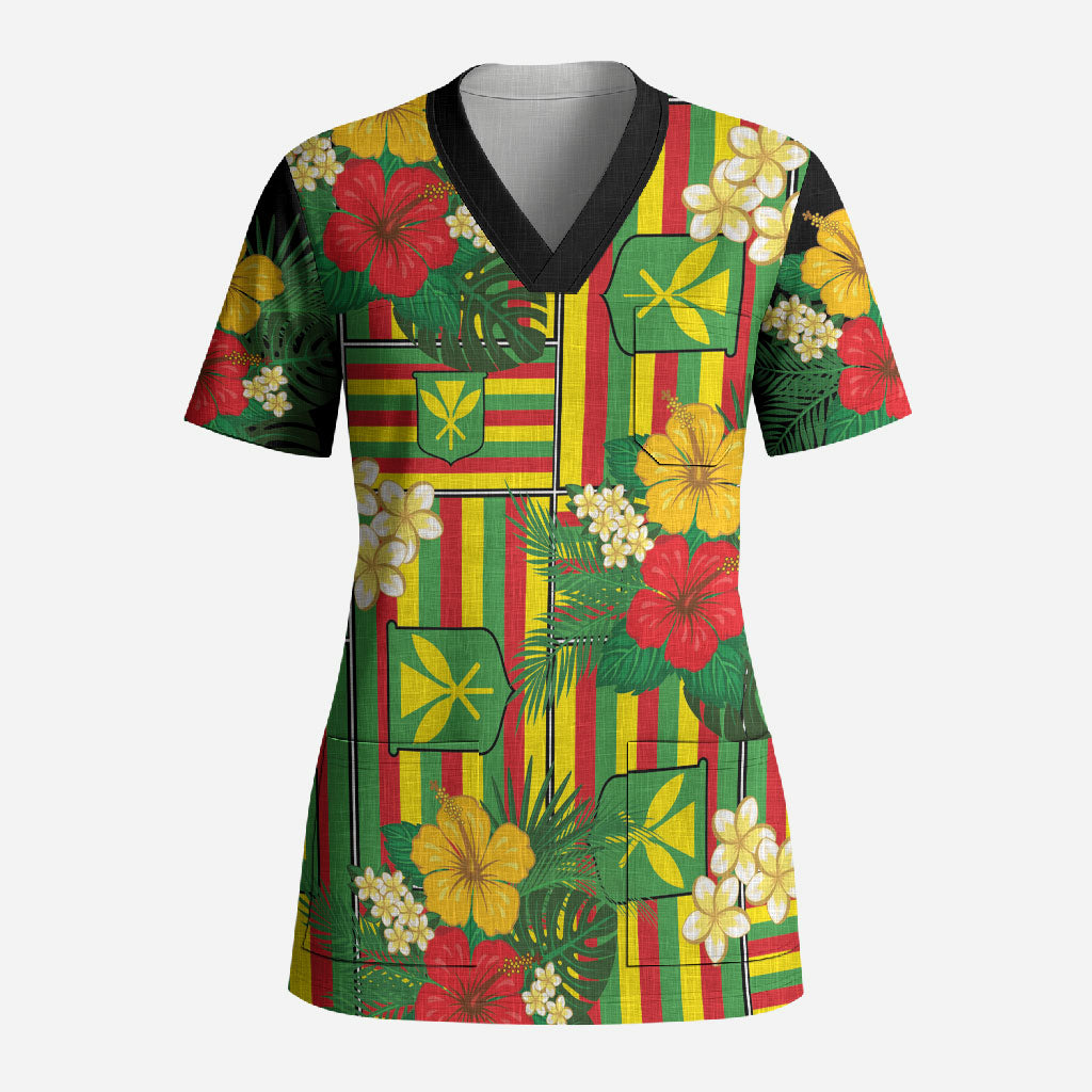 Hawaii Kanaka Maoli Hibiscus Scrub Top Hawaiian Flag Motif LT9 Adult Green - Polynesian Pride