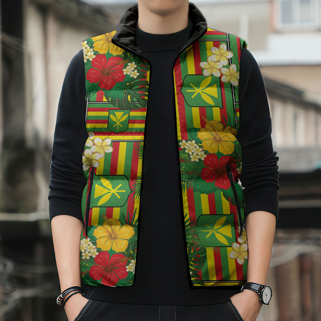 Hawaii Kanaka Maoli Hibiscus Sleeveless Puffer Jacket Hawaiian Flag Motif