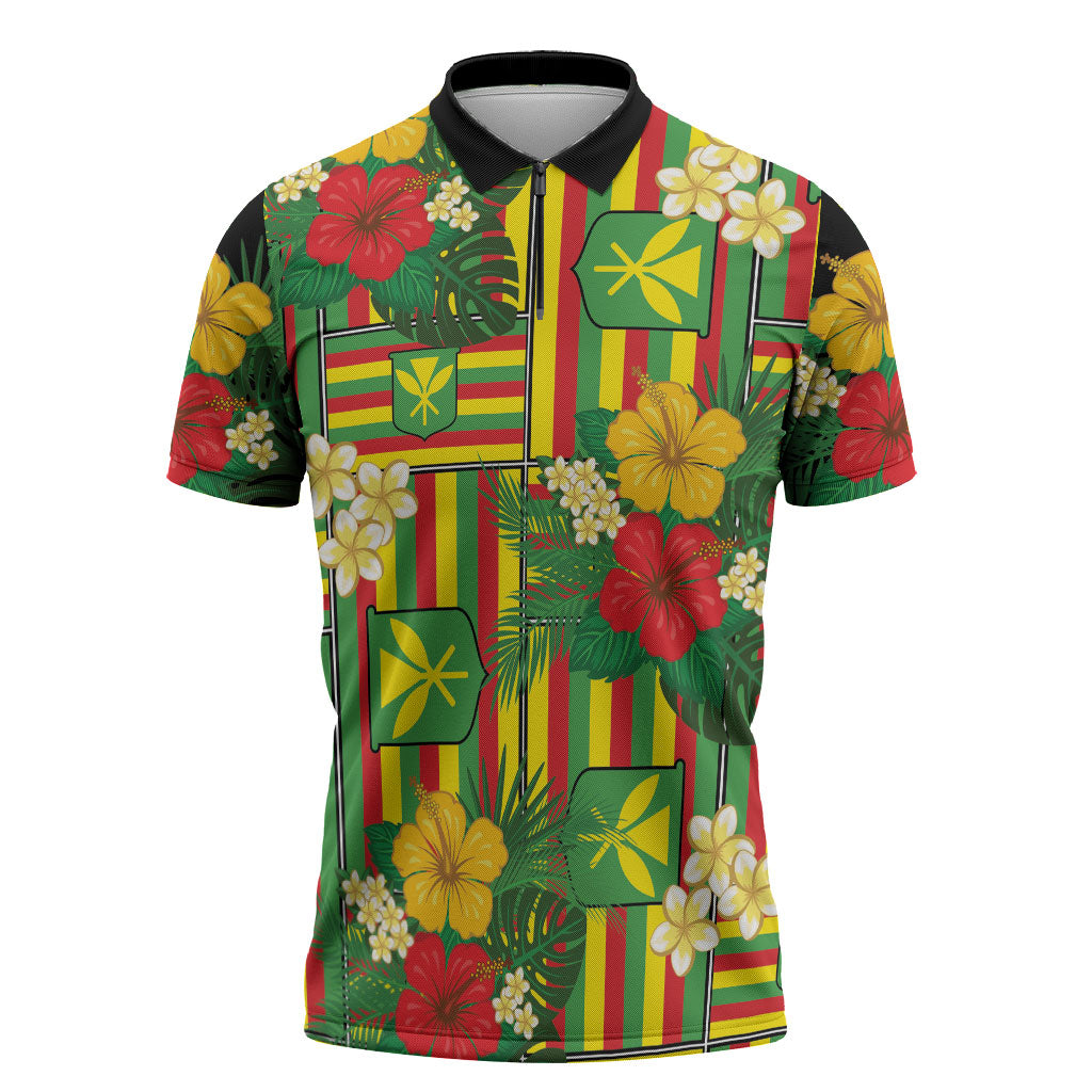 Hawaii Kanaka Maoli Hibiscus Zipper Polo Shirt Hawaiian Flag Motif LT9 Green - Polynesian Pride
