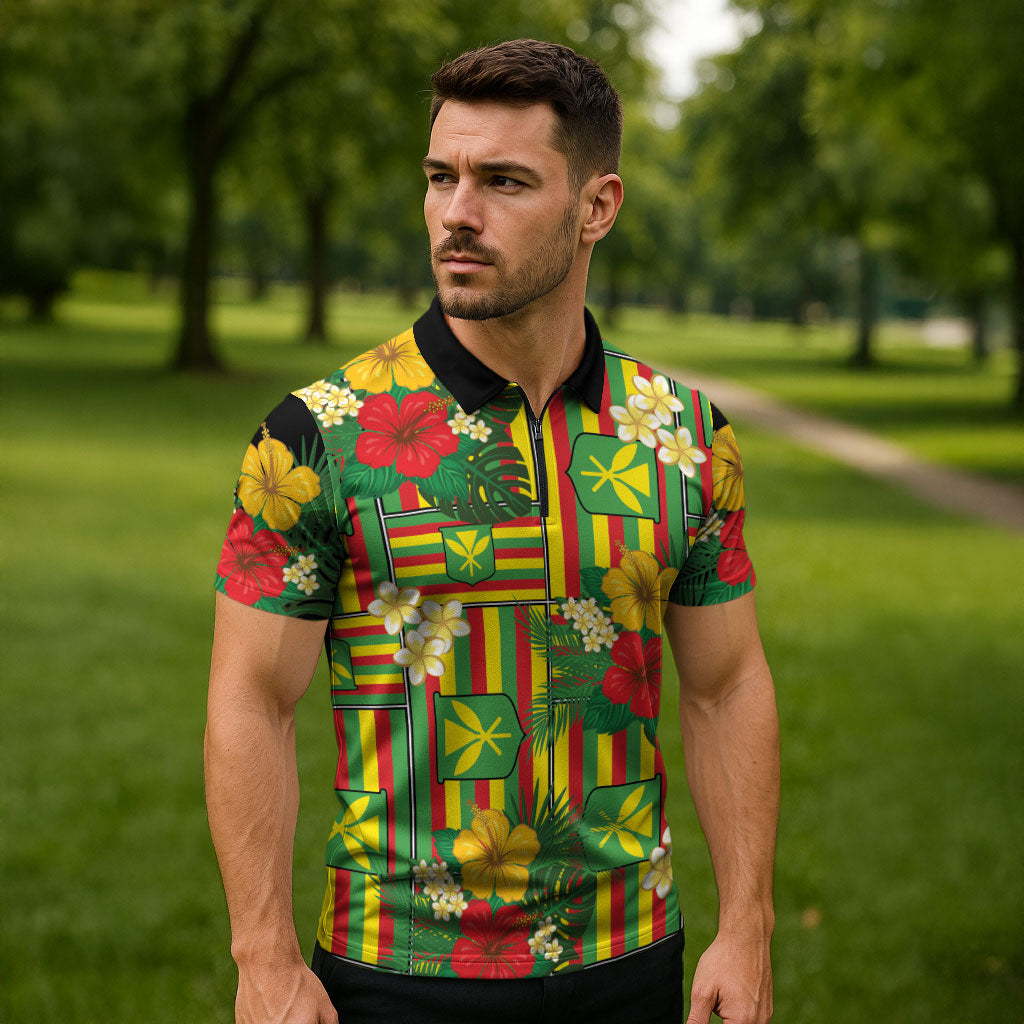 Hawaii Kanaka Maoli Hibiscus Zipper Polo Shirt Hawaiian Flag Motif