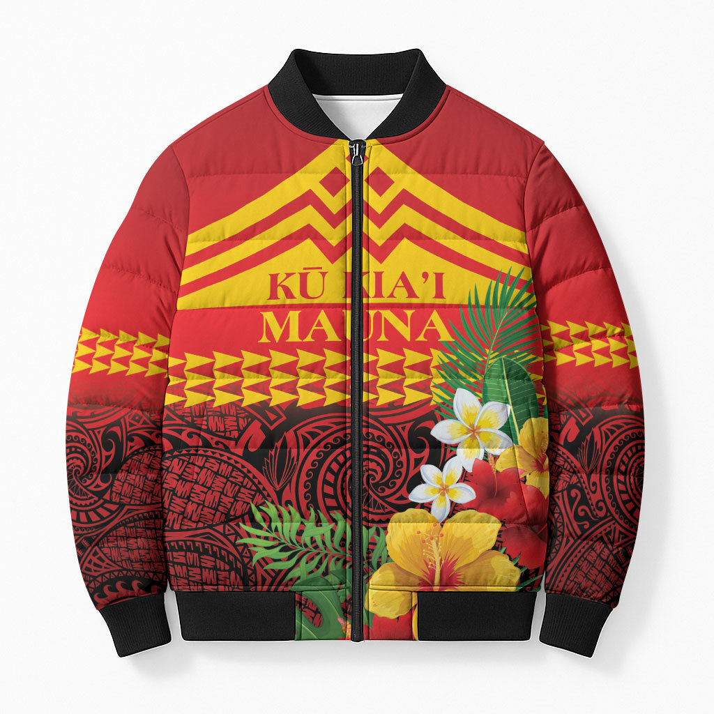 Hawaii Ku Kia'i Mauna Personalized Bomber Puffer Jacket Hibiscus Kakau Pattern LT9 Unisex Red - Polynesian Pride