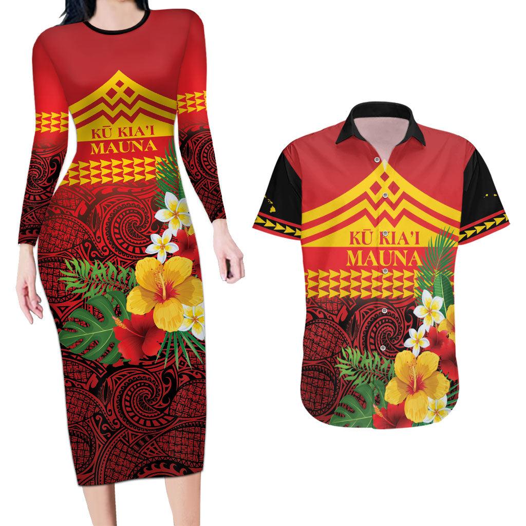 Hawaii Ku Kia'i Mauna Personalized Couples Matching Long Sleeve Bodycon Dress and Hawaiian Shirt Hibiscus Kakau Pattern LT9 Red - Polynesian Pride