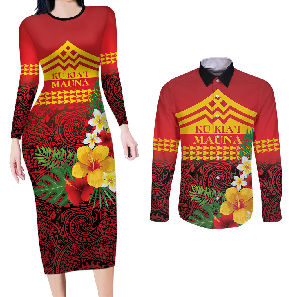Hawaii Ku Kia'i Mauna Personalized Couples Matching Long Sleeve Bodycon Dress and Long Sleeve Button Shirt Hibiscus Kakau Pattern