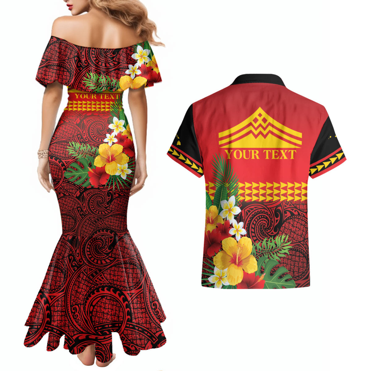 Hawaii Ku Kia'i Mauna Personalized Couples Matching Mermaid Dress and Hawaiian Shirt Hibiscus Kakau Pattern