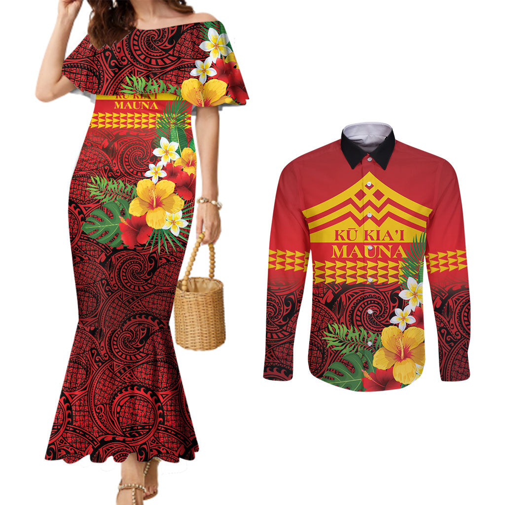Hawaii Ku Kia'i Mauna Personalized Couples Matching Mermaid Dress and Long Sleeve Button Shirt Hibiscus Kakau Pattern LT9 Red - Polynesian Pride