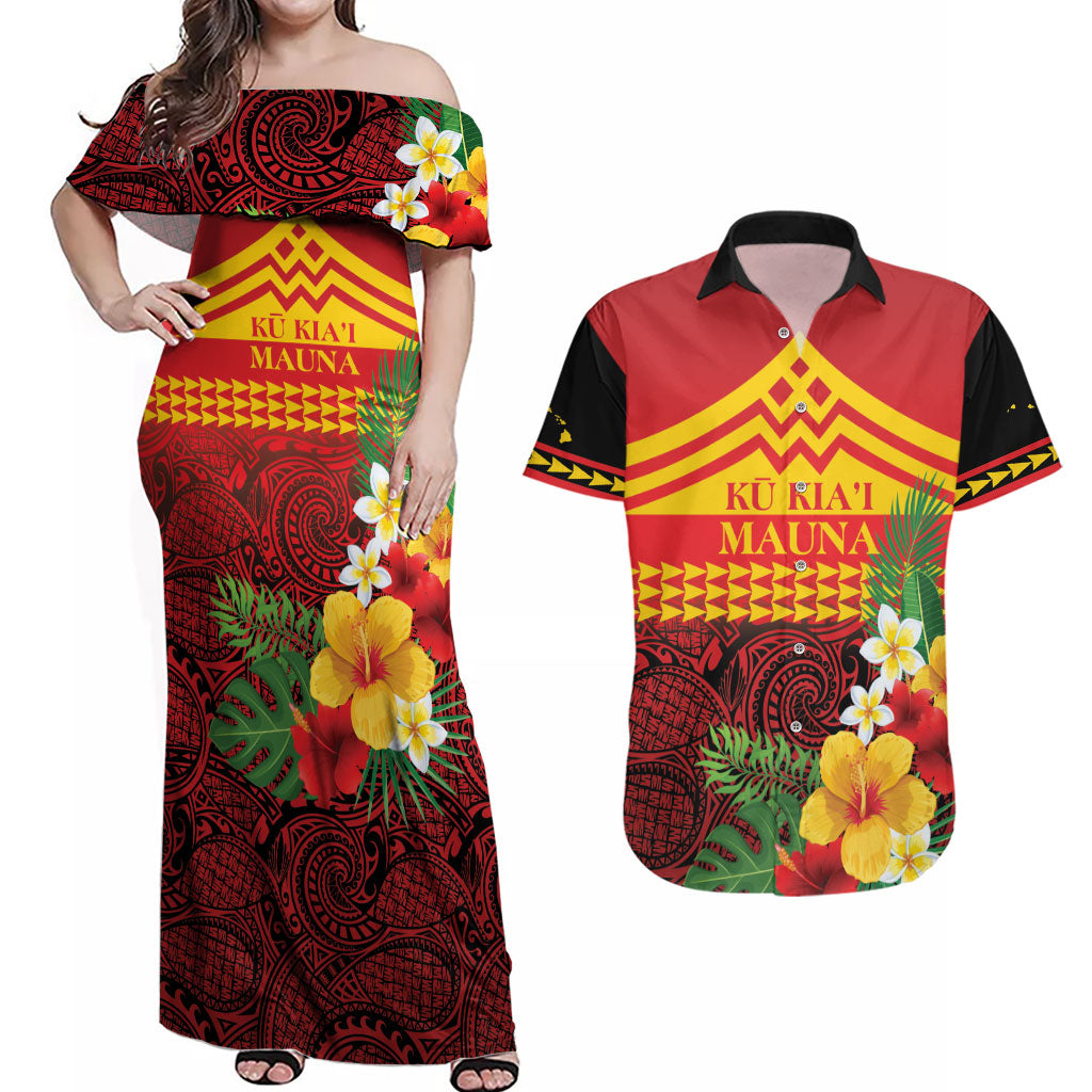 Hawaii Ku Kia'i Mauna Personalized Couples Matching Off Shoulder Maxi Dress and Hawaiian Shirt Hibiscus Kakau Pattern LT9 Red - Polynesian Pride