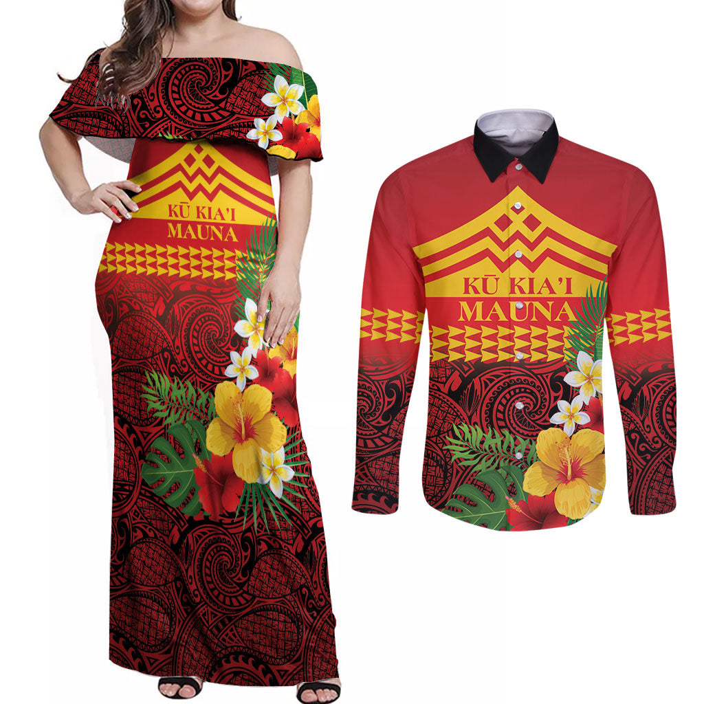 Hawaii Ku Kia'i Mauna Personalized Couples Matching Off Shoulder Maxi Dress and Long Sleeve Button Shirt Hibiscus Kakau Pattern LT9 Red - Polynesian Pride