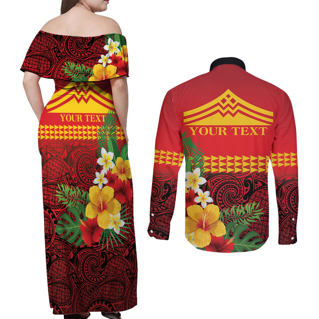 Hawaii Ku Kia'i Mauna Personalized Couples Matching Off Shoulder Maxi Dress and Long Sleeve Button Shirt Hibiscus Kakau Pattern