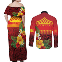 Hawaii Ku Kia'i Mauna Personalized Couples Matching Off Shoulder Maxi Dress and Long Sleeve Button Shirt Hibiscus Kakau Pattern