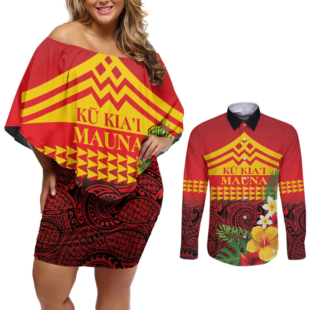 Hawaii Ku Kia'i Mauna Personalized Couples Matching Off Shoulder Short Dress and Long Sleeve Button Shirt Hibiscus Kakau Pattern LT9 Red - Polynesian Pride