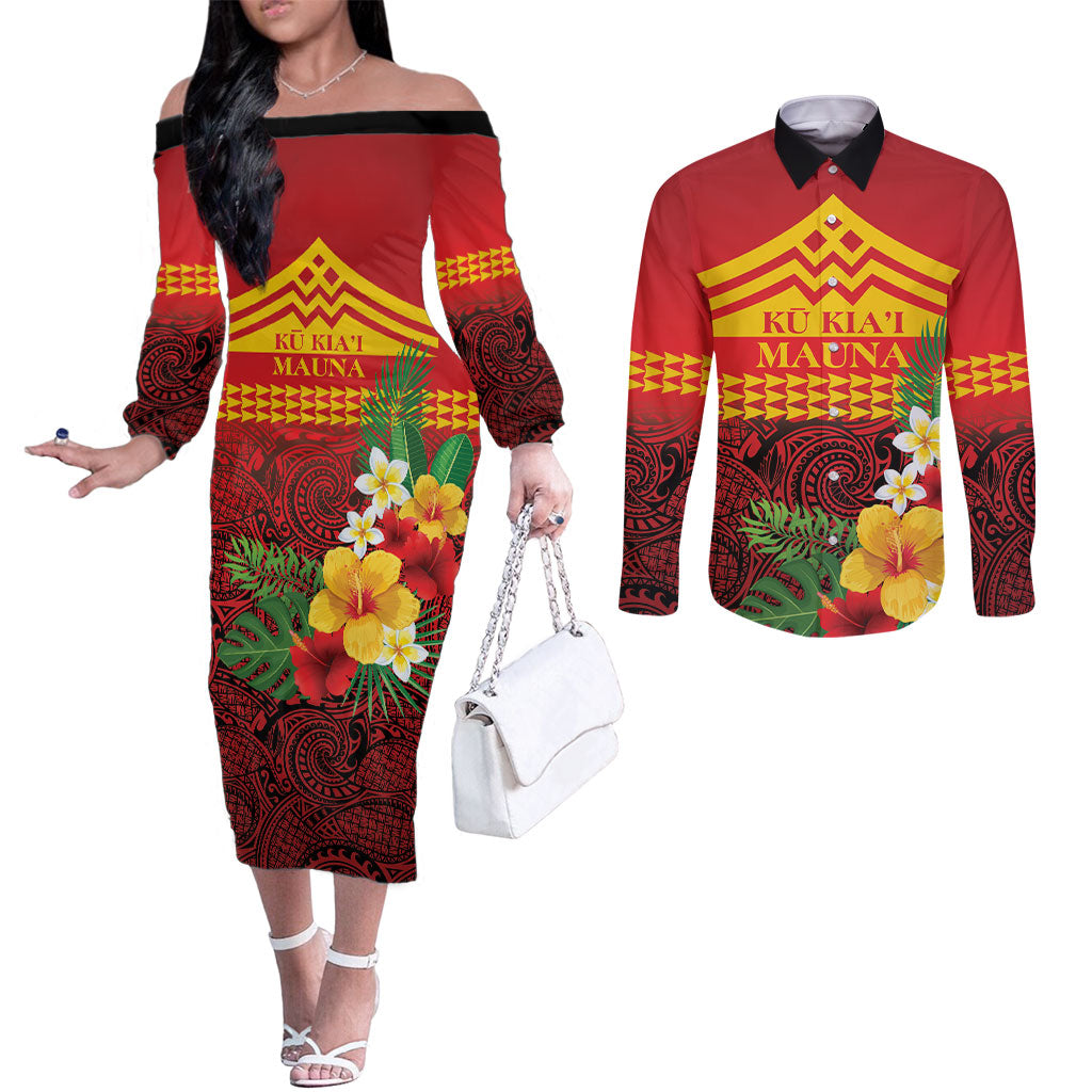 Hawaii Ku Kia'i Mauna Personalized Couples Matching Off The Shoulder Long Sleeve Dress and Long Sleeve Button Shirt Hibiscus Kakau Pattern