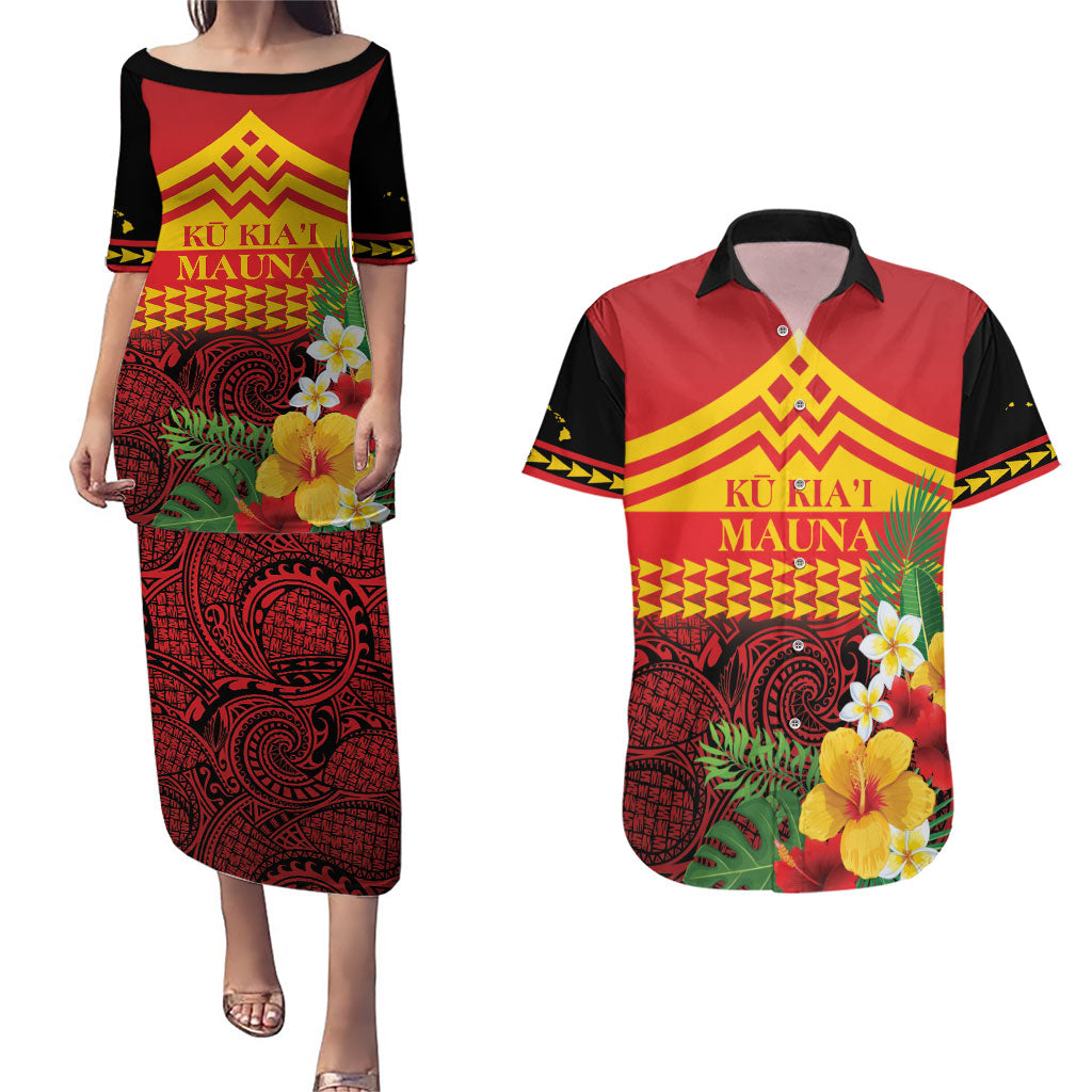 Hawaii Ku Kia'i Mauna Personalized Couples Matching Puletasi and Hawaiian Shirt Hibiscus Kakau Pattern LT9 Red - Polynesian Pride