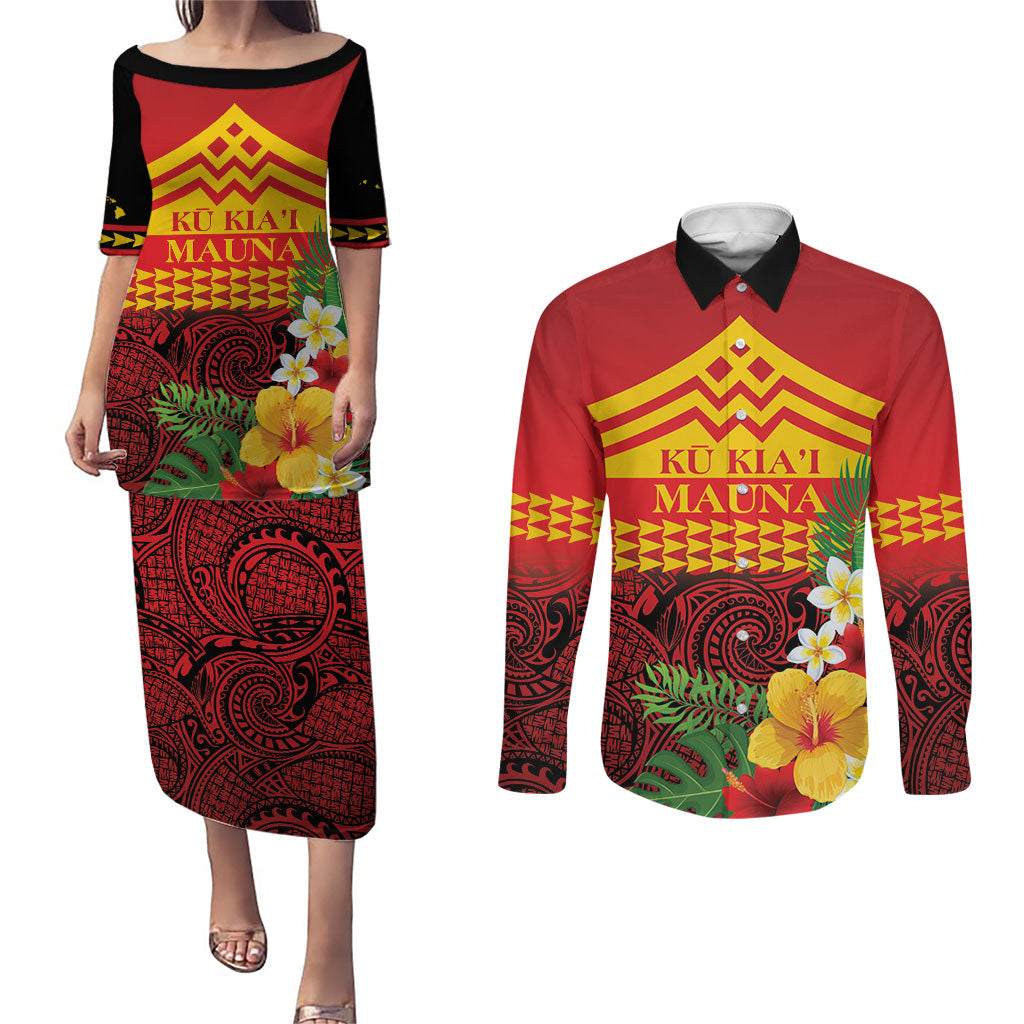 Hawaii Ku Kia'i Mauna Personalized Couples Matching Puletasi and Long Sleeve Button Shirt Hibiscus Kakau Pattern LT9 Red - Polynesian Pride