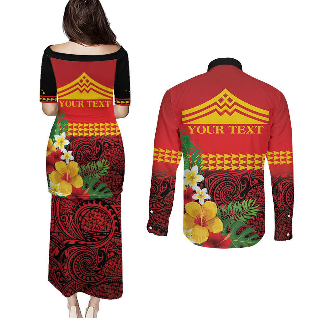 Hawaii Ku Kia'i Mauna Personalized Couples Matching Puletasi and Long Sleeve Button Shirt Hibiscus Kakau Pattern