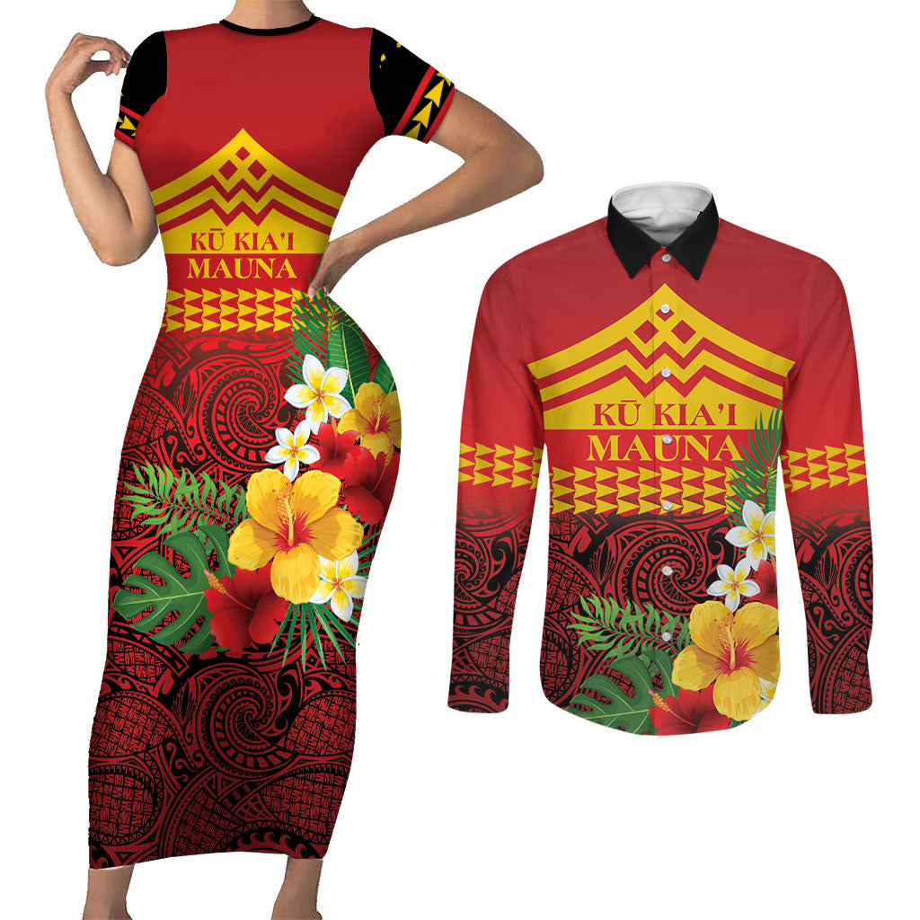 Hawaii Ku Kia'i Mauna Personalized Couples Matching Short Sleeve Bodycon Dress and Long Sleeve Button Shirt Hibiscus Kakau Pattern LT9 Red - Polynesian Pride