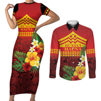 Hawaii Ku Kia'i Mauna Personalized Couples Matching Short Sleeve Bodycon Dress and Long Sleeve Button Shirt Hibiscus Kakau Pattern