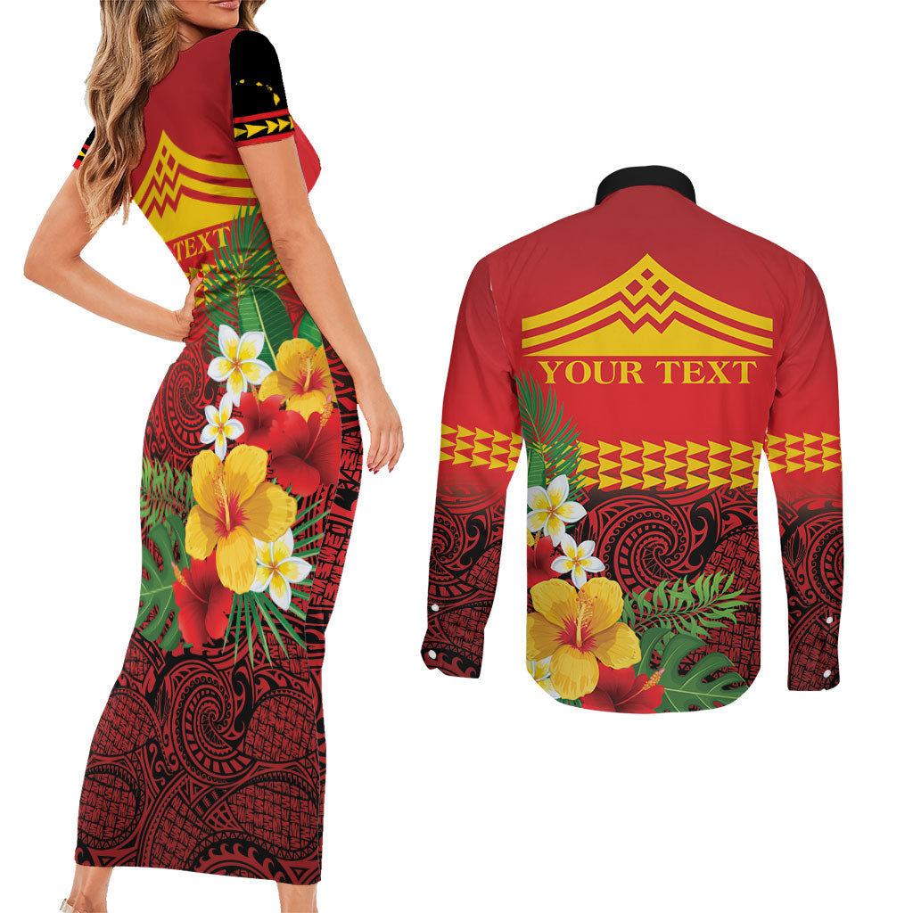 Hawaii Ku Kia'i Mauna Personalized Couples Matching Short Sleeve Bodycon Dress and Long Sleeve Button Shirt Hibiscus Kakau Pattern