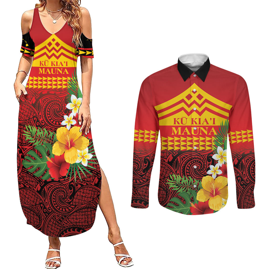 Hawaii Ku Kia'i Mauna Personalized Couples Matching Summer Maxi Dress and Long Sleeve Button Shirt Hibiscus Kakau Pattern